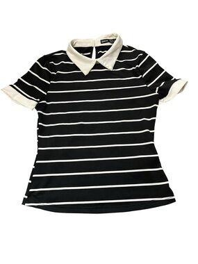 SHEIN Black & White Striped Polo Collar Short Sleeve Top Office Work Staple